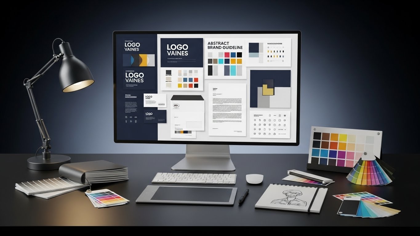 Kurumsal kimlik ve grafik tasarım için kartvizit, antetli, katalog ve dijital ekranları içeren kurumsal set görseli