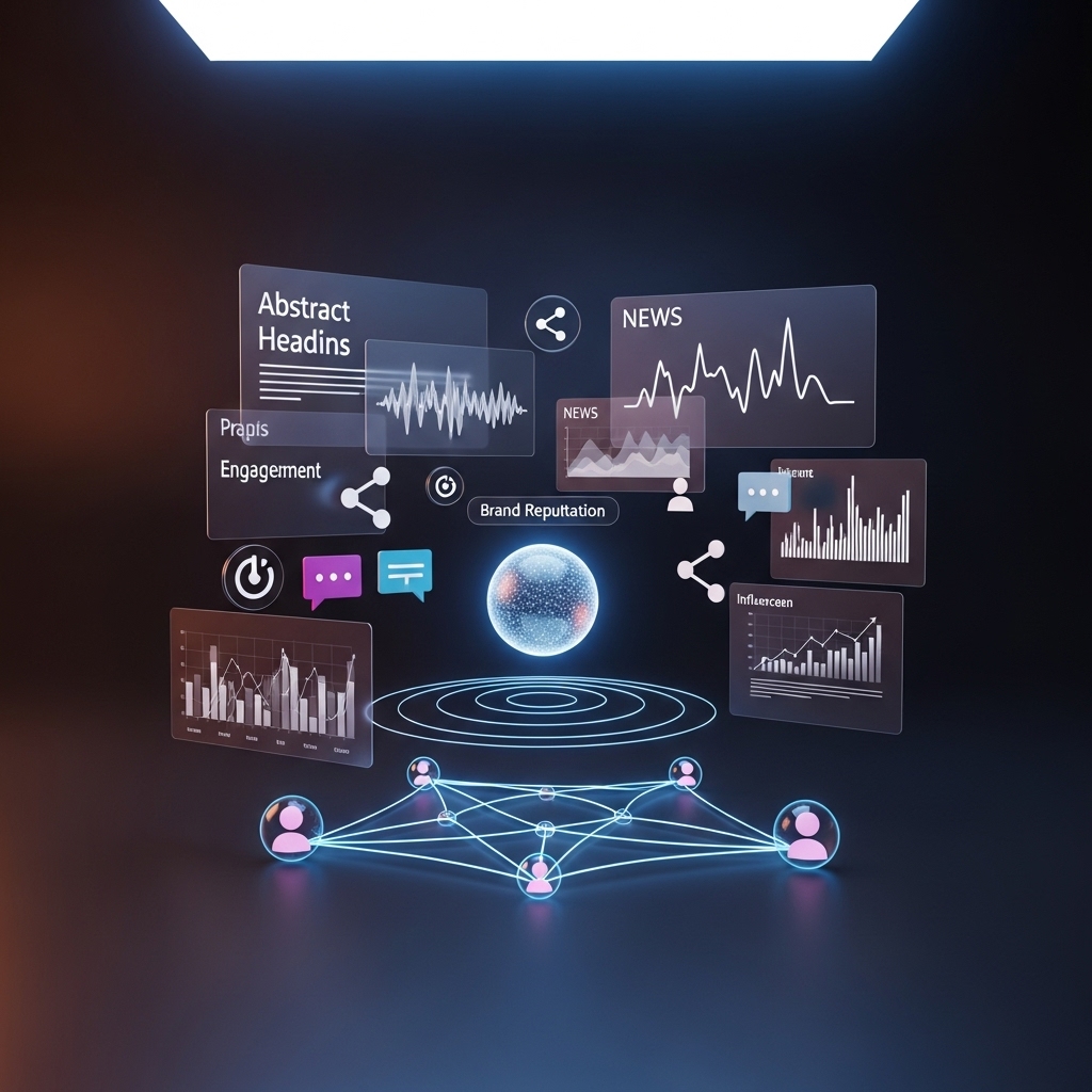 Basın, influencer içerikleri, sosyal medya, online yorumlar ve blog & forumlar başlıklarını markanın etrafında gösteren algı haritası görseli