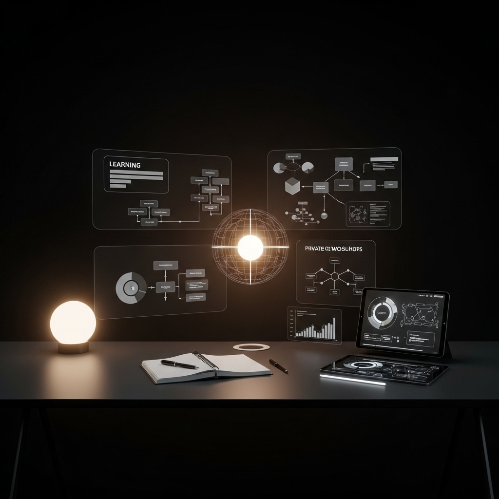 Not defterleri, post-it'ler, laptoplar ve marka haritası eskizleriyle dolu bir workshop masası