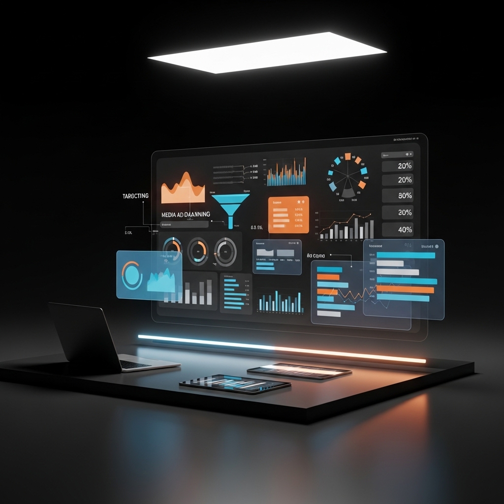 Dijital pazarlama ve reklam yönetimi için performance room ve dashboard konsept görseli